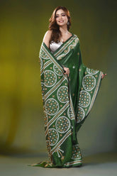 Handcrafted forest green circular motif kutch embroidery silk saree 5