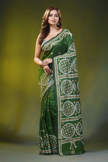 Handcrafted forest green circular motif kutch embroidery silk saree 6