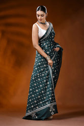 Handcrafted forest green silk gujrati stitch saree - ethnic design 4
