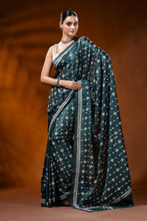 Handcrafted forest green silk gujrati stitch saree - ethnic design 6