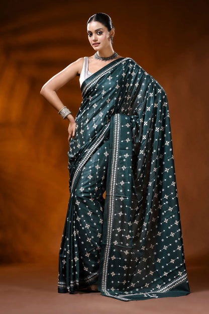 Handcrafted forest green silk gujrati stitch saree - ethnic design 1