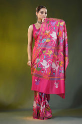 Handcrafted fuchsia pink crane motif silk kantha stitch saree 6