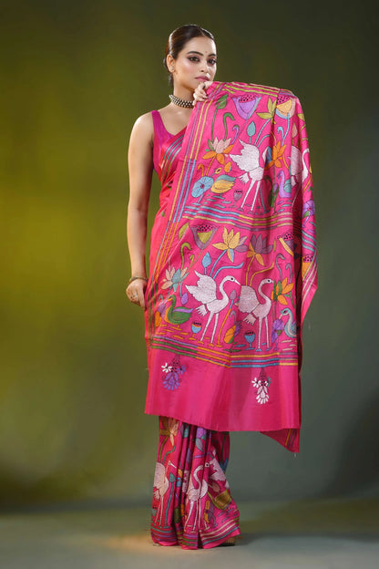 Handcrafted fuchsia pink crane motif silk kantha stitch saree 6