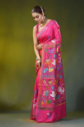 Handcrafted fuchsia pink crane motif silk kantha stitch saree 3