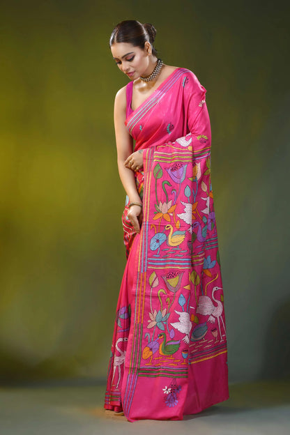 Handcrafted fuchsia pink crane motif silk kantha stitch saree 3