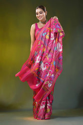 Handcrafted fuchsia pink crane motif silk kantha stitch saree 4
