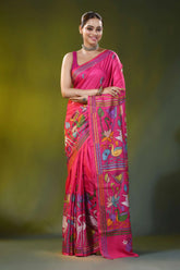 Handcrafted fuchsia pink crane motif silk kantha stitch saree 1