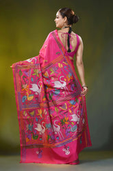 Handcrafted fuchsia pink crane motif silk kantha stitch saree 5