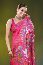 Handcrafted fuchsia pink crane motif silk kantha stitch saree 2