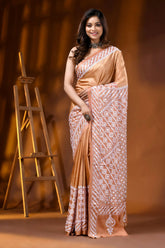 Handcrafted geometric design kutch work saree with mirror in tan 6