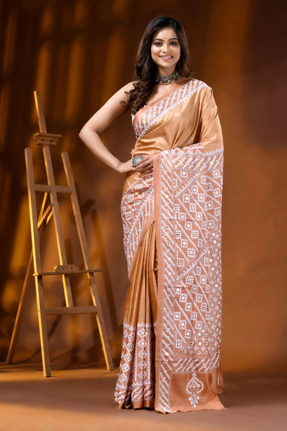 Handcrafted geometric design kutch work saree with mirror in tan 1