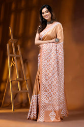 Handcrafted geometric design kutch work saree with mirror in tan 3