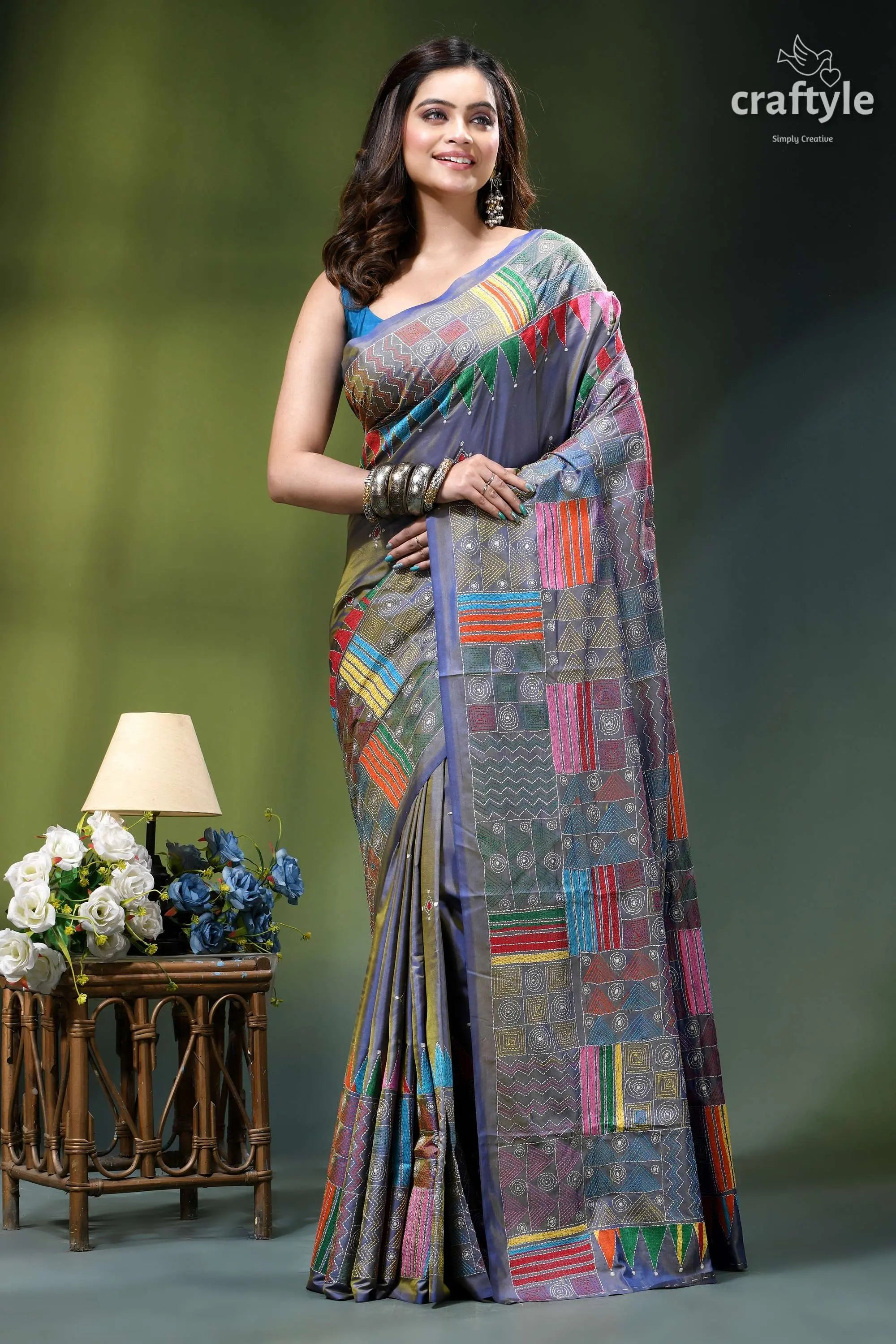 Handcrafted geometric design silk kantha work saree in cool grey woman wears grey saree colorful 6