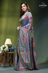 Handcrafted geometric design silk kantha work saree in cool grey woman wears vibrant multi-colored saree 3