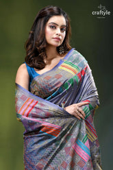 Handcrafted geometric design silk kantha work saree in cool grey vibrant multicolored saree intricate geometric 2