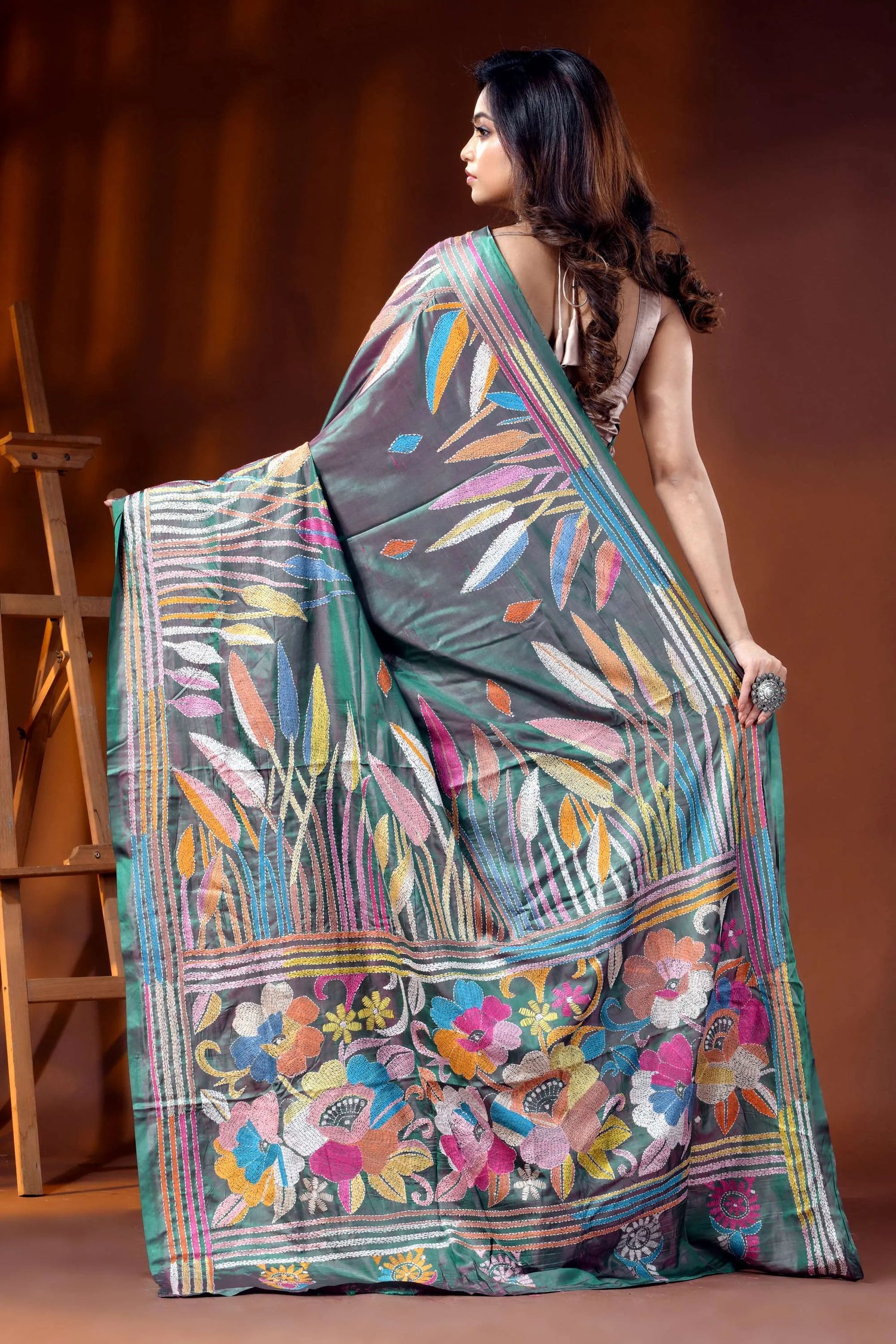Handcrafted grey teal dualtone kantha silk saree multicolor floral design 5