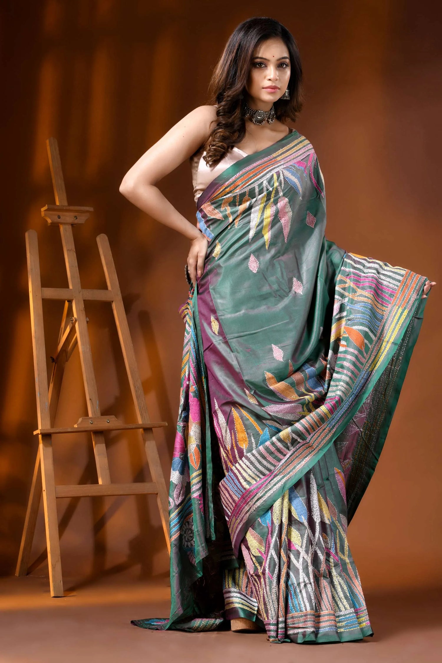 Handcrafted grey teal dualtone kantha silk saree multicolor floral design 4