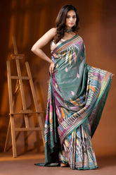 Handcrafted grey teal dualtone kantha silk saree multicolor floral design 4
