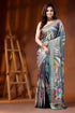 Handcrafted grey teal dualtone kantha silk saree multicolor floral design 1