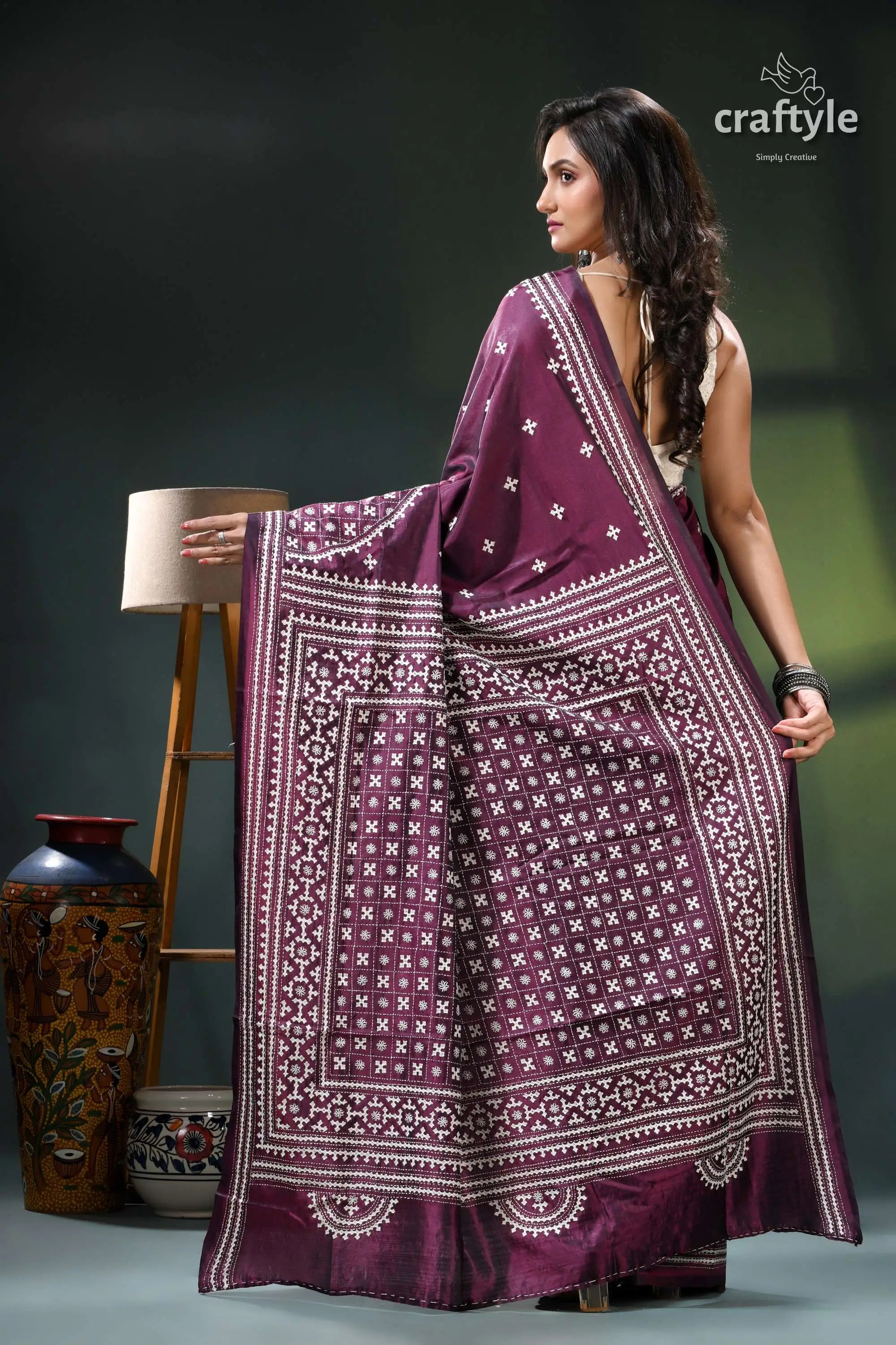 Handcrafted gujrati stitch heritage silk saree in wine berry maroon white patterned saree intricate 6