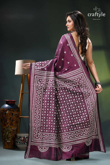Handcrafted gujrati stitch heritage silk saree in wine berry maroon white patterned saree intricate 6