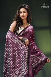 Handcrafted gujrati stitch heritage silk saree in wine berry maroon white bandhani saree intricate 2