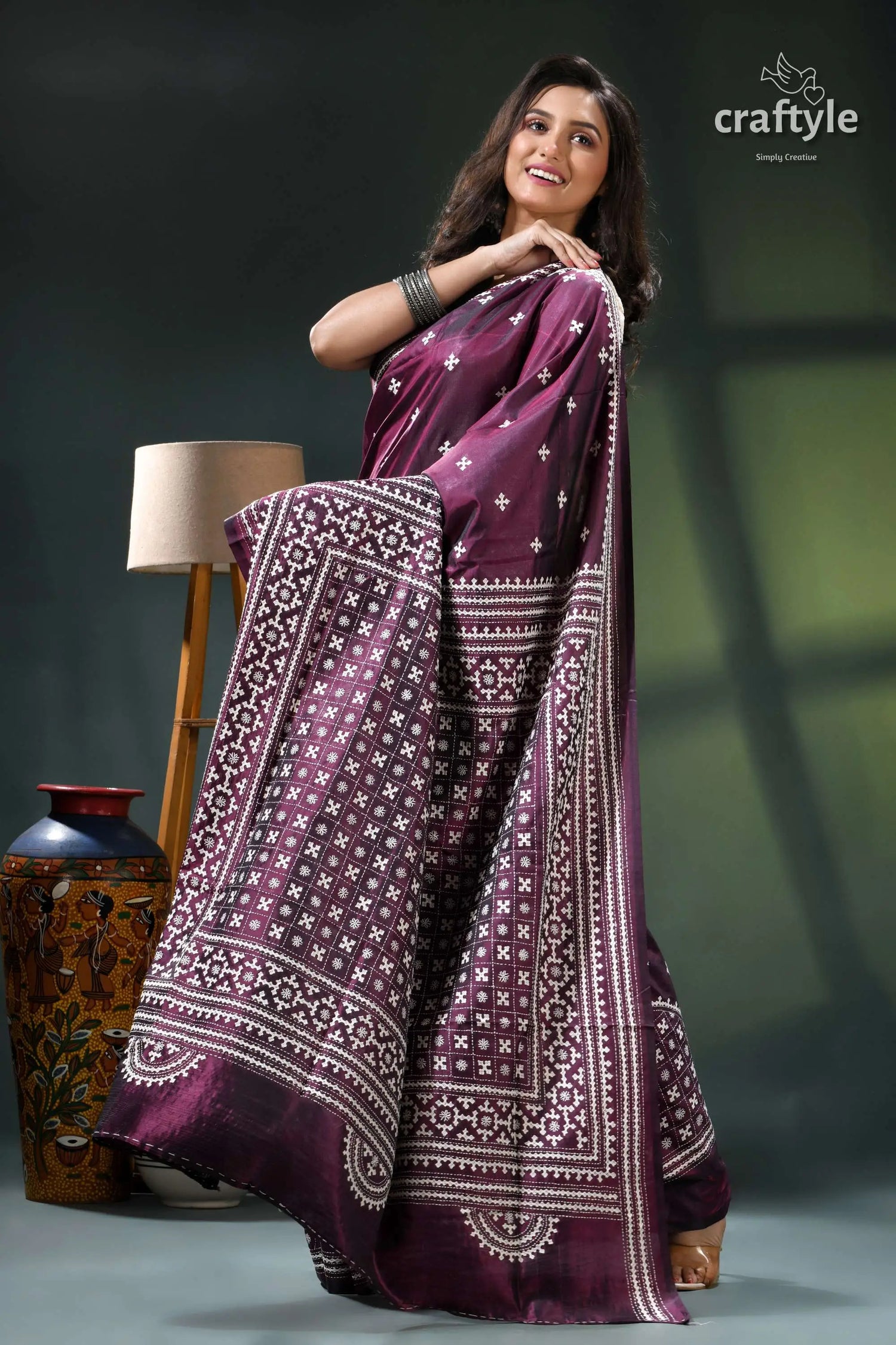 Handcrafted gujrati stitch heritage silk saree in wine berry purple white patterned saree intricate 4