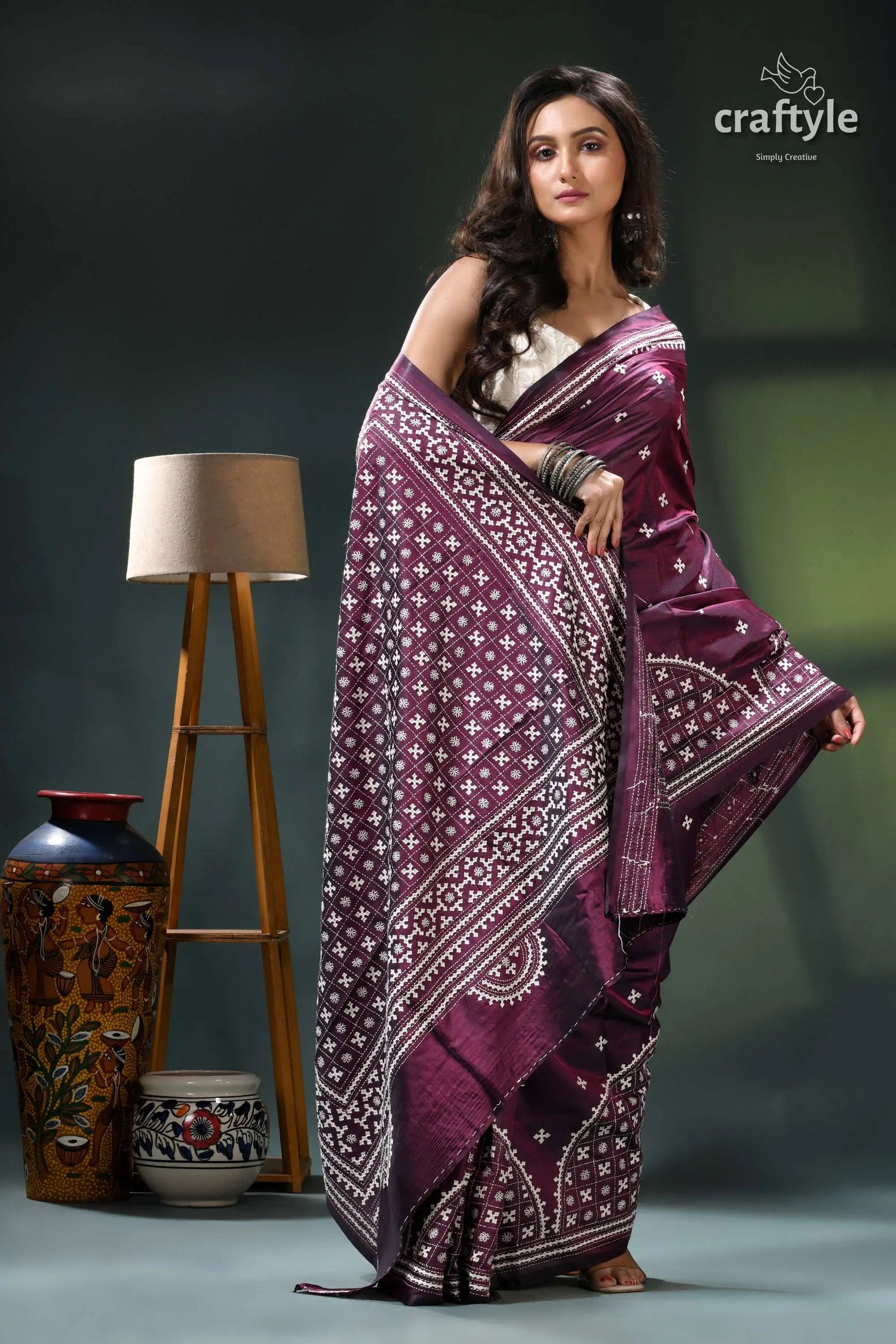 Handcrafted gujrati stitch heritage silk saree in wine berry magenta white bandhani saree intricate 5