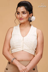 Handcrafted hakoba cotton blouse in off-white woman white embroidered sleeveless blouse 1