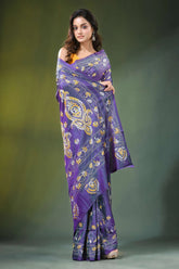 Handcrafted indigo silk kantha saree with elegant paisley design rich purple adorned intricate 7
