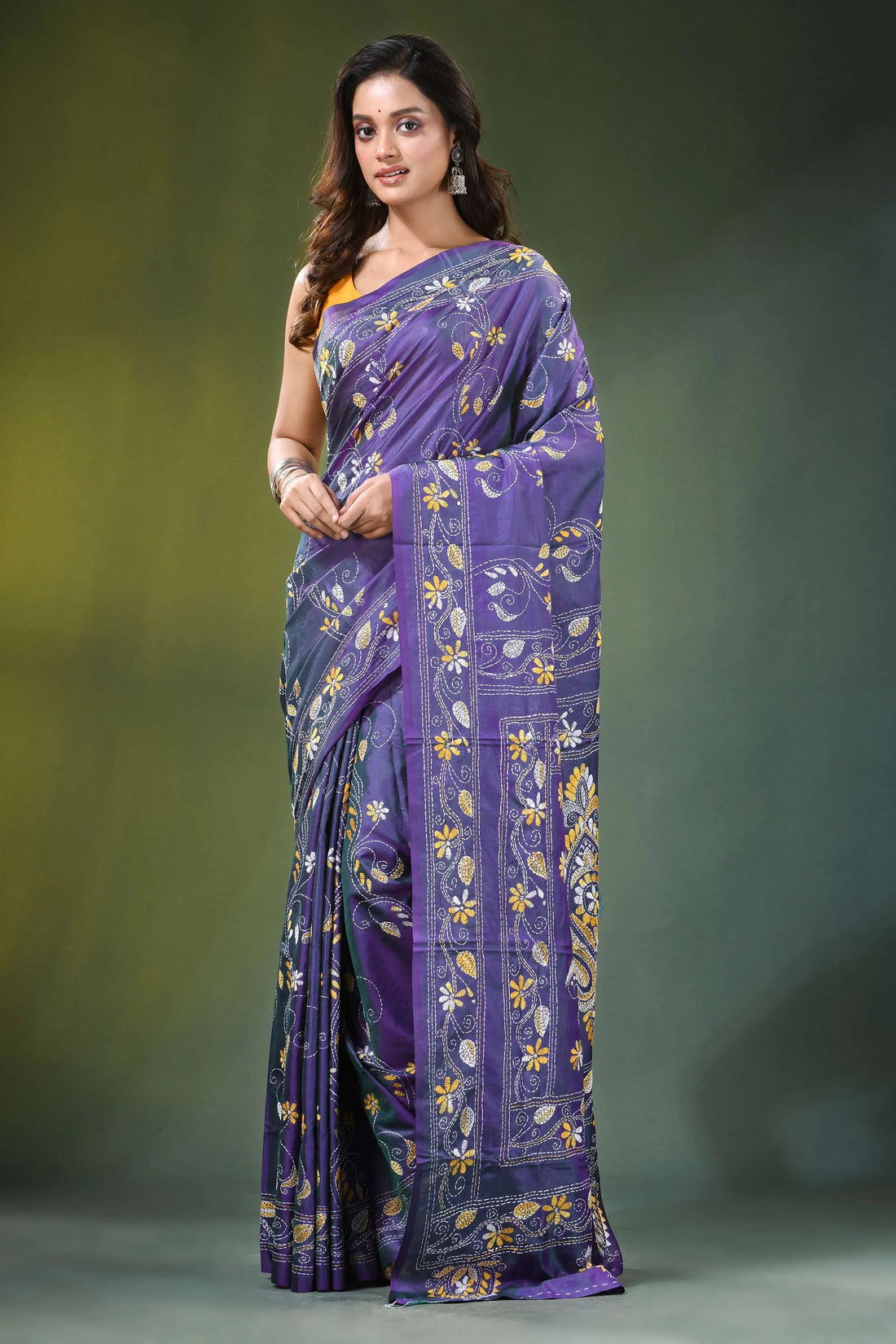 Handcrafted indigo silk kantha saree with elegant paisley design woman wears rich purple 1
