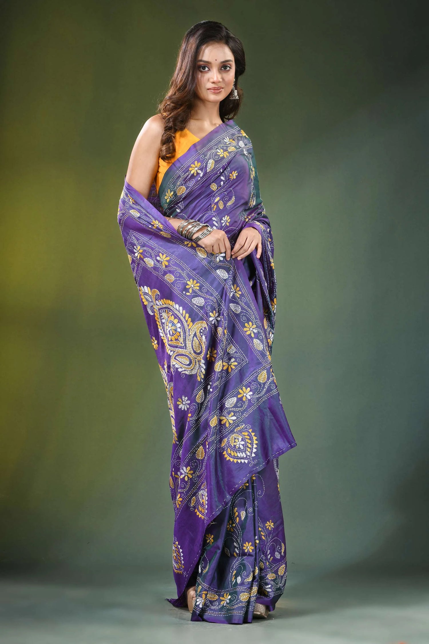 Handcrafted indigo silk kantha saree with elegant paisley design vibrant purple intricate gold 4