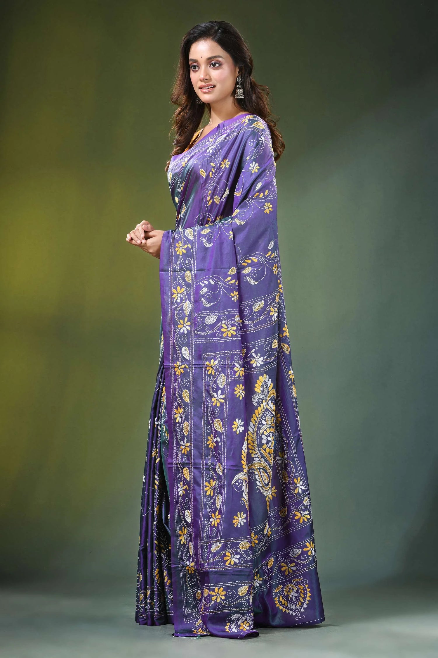 Handcrafted indigo silk kantha saree with elegant paisley design woman wears vibrant purple 3