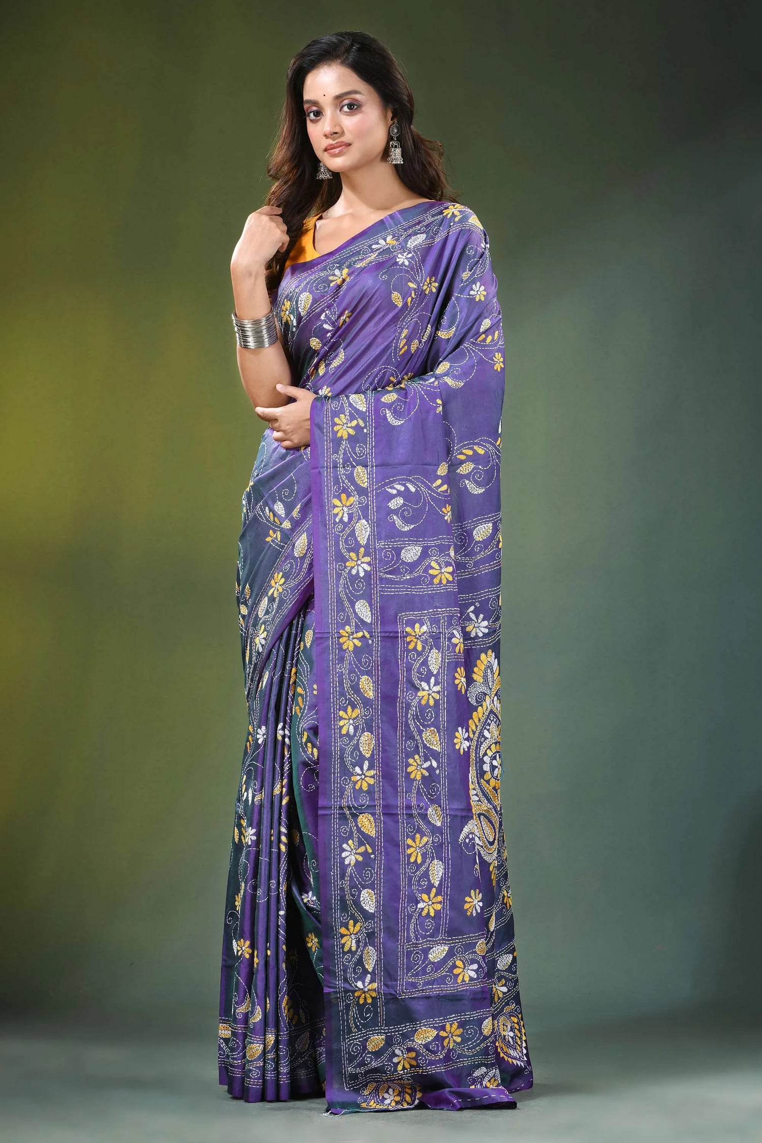 Handcrafted indigo silk kantha saree with elegant paisley design woman wears vibrant purple 6