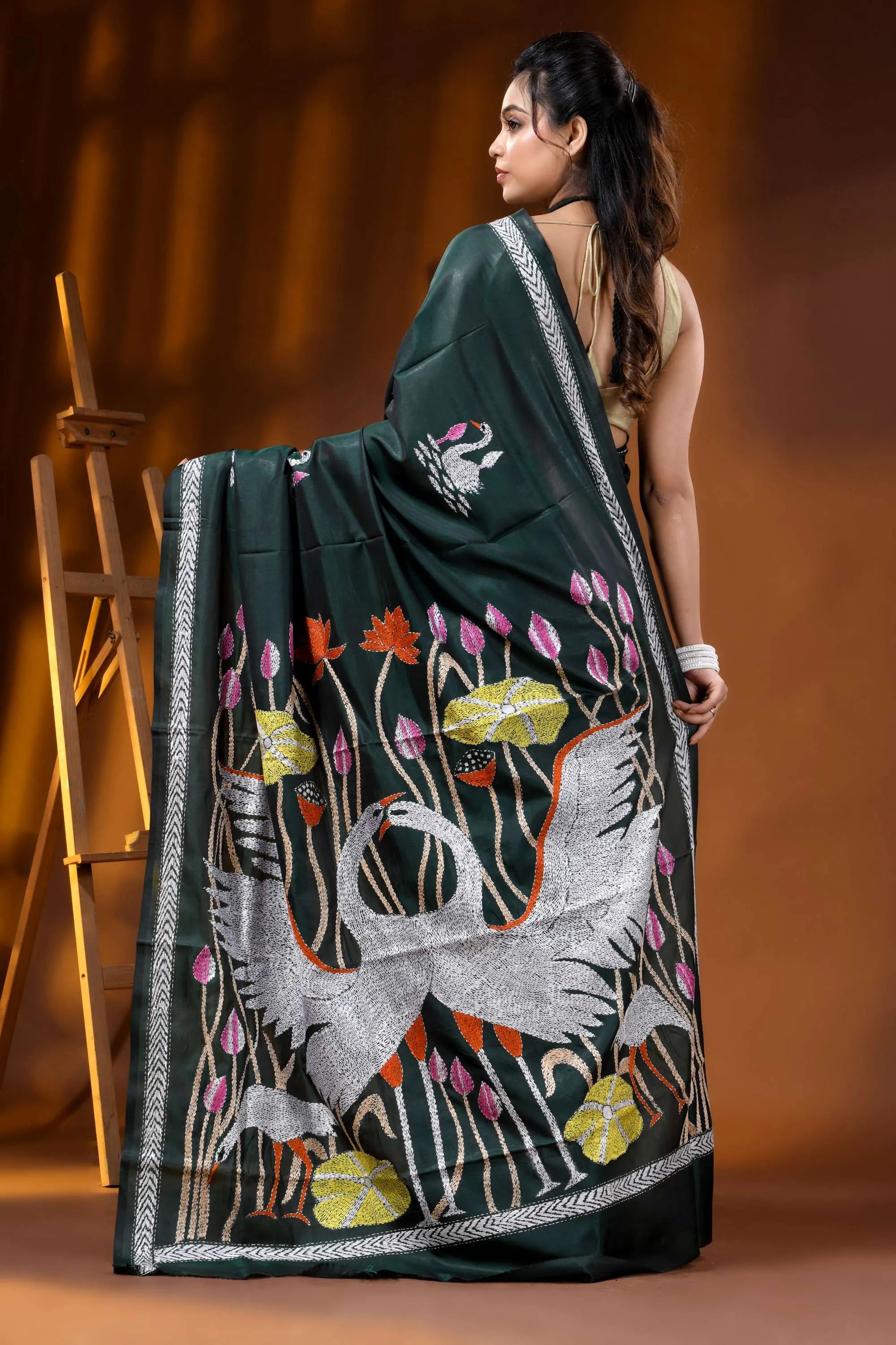 Handcrafted jungle green kantha silk saree swan and lotus motif 4