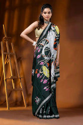 Handcrafted jungle green kantha silk saree swan and lotus motif 5
