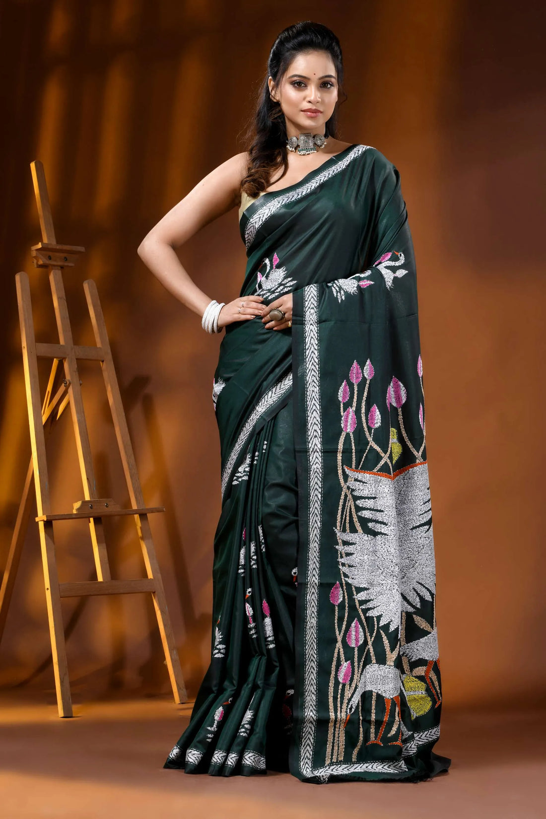 Handcrafted jungle green kantha silk saree swan and lotus motif 1