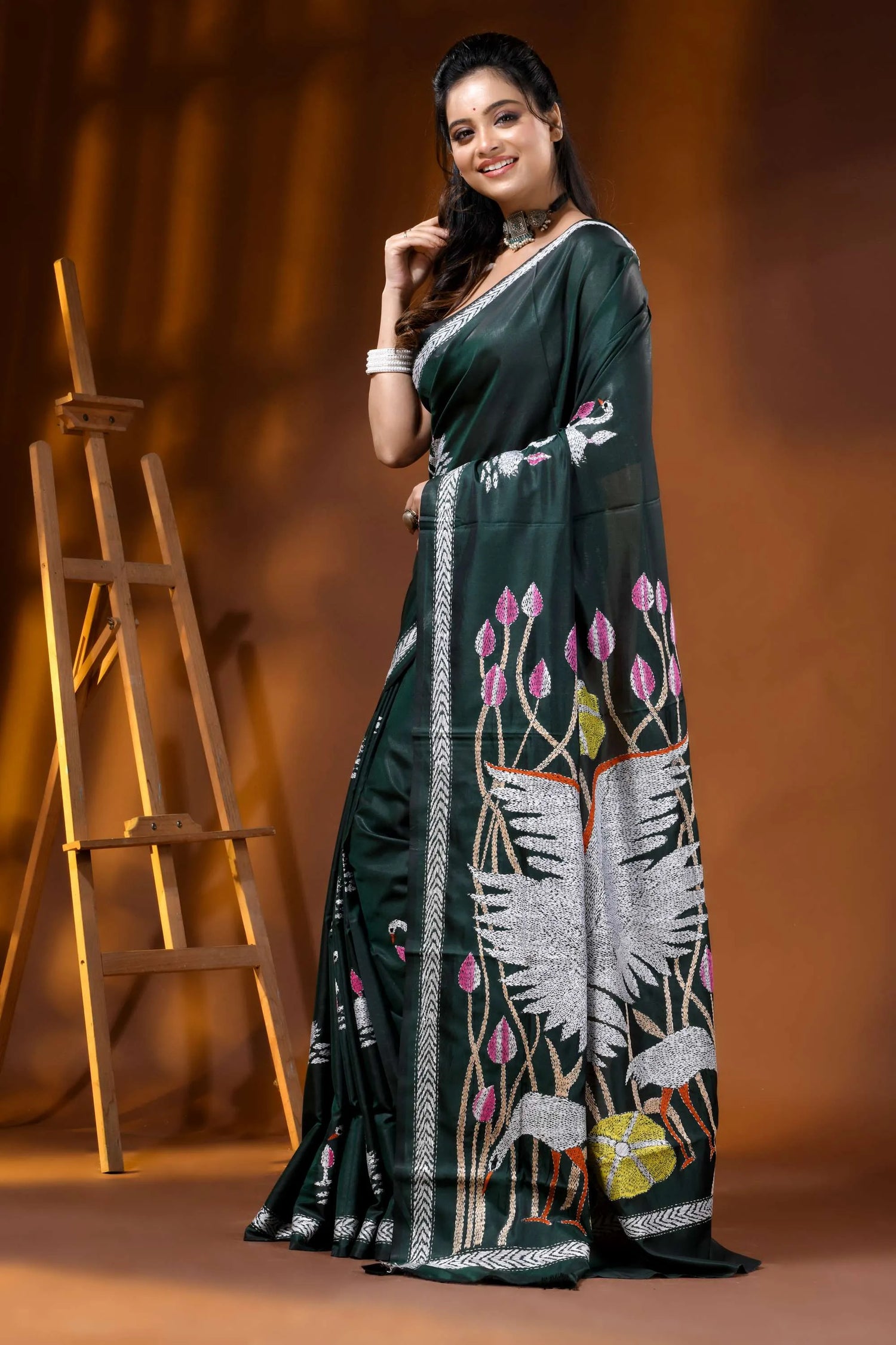 Handcrafted jungle green kantha silk saree swan and lotus motif 3
