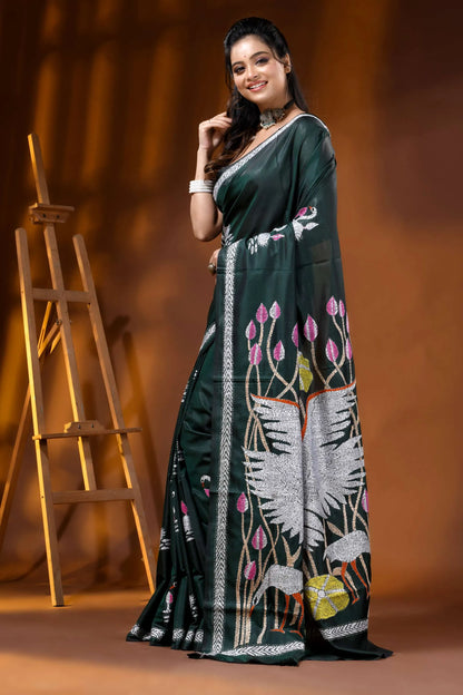 Handcrafted jungle green kantha silk saree swan and lotus motif 3