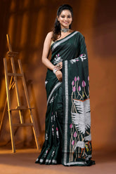 Handcrafted jungle green kantha silk saree swan and lotus motif 6