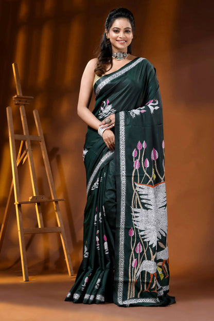 Handcrafted jungle green kantha silk saree swan and lotus motif 6