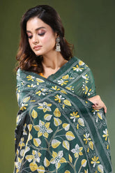 Handcrafted jungle green silk kantha stitch saree with allover floral design dark adorned intricate 2
