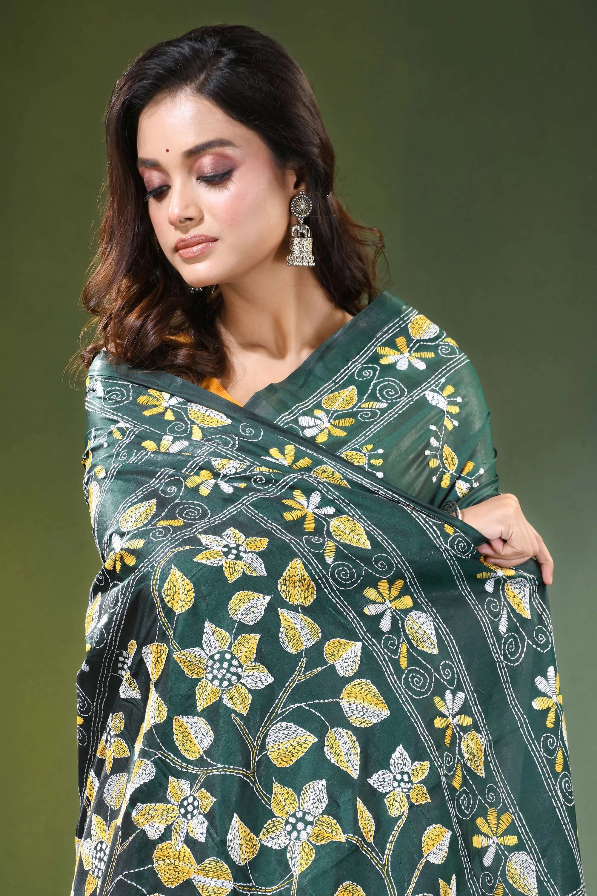 Handcrafted jungle green silk kantha stitch saree with allover floral design dark adorned intricate 2