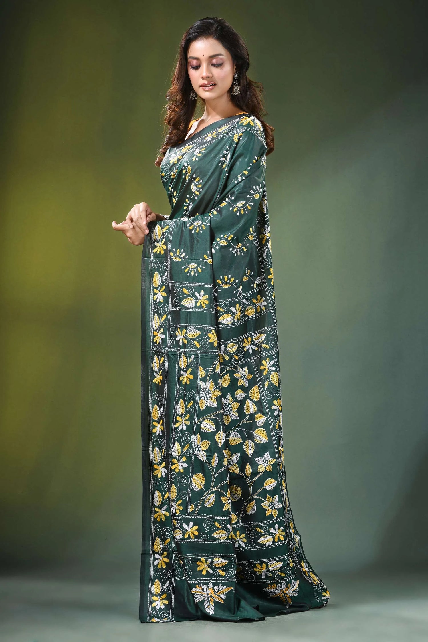 Handcrafted jungle green silk kantha stitch saree with allover floral design dark adorned 3