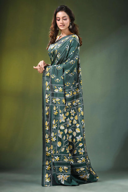 Handcrafted jungle green silk kantha stitch saree with allover floral design dark adorned 3