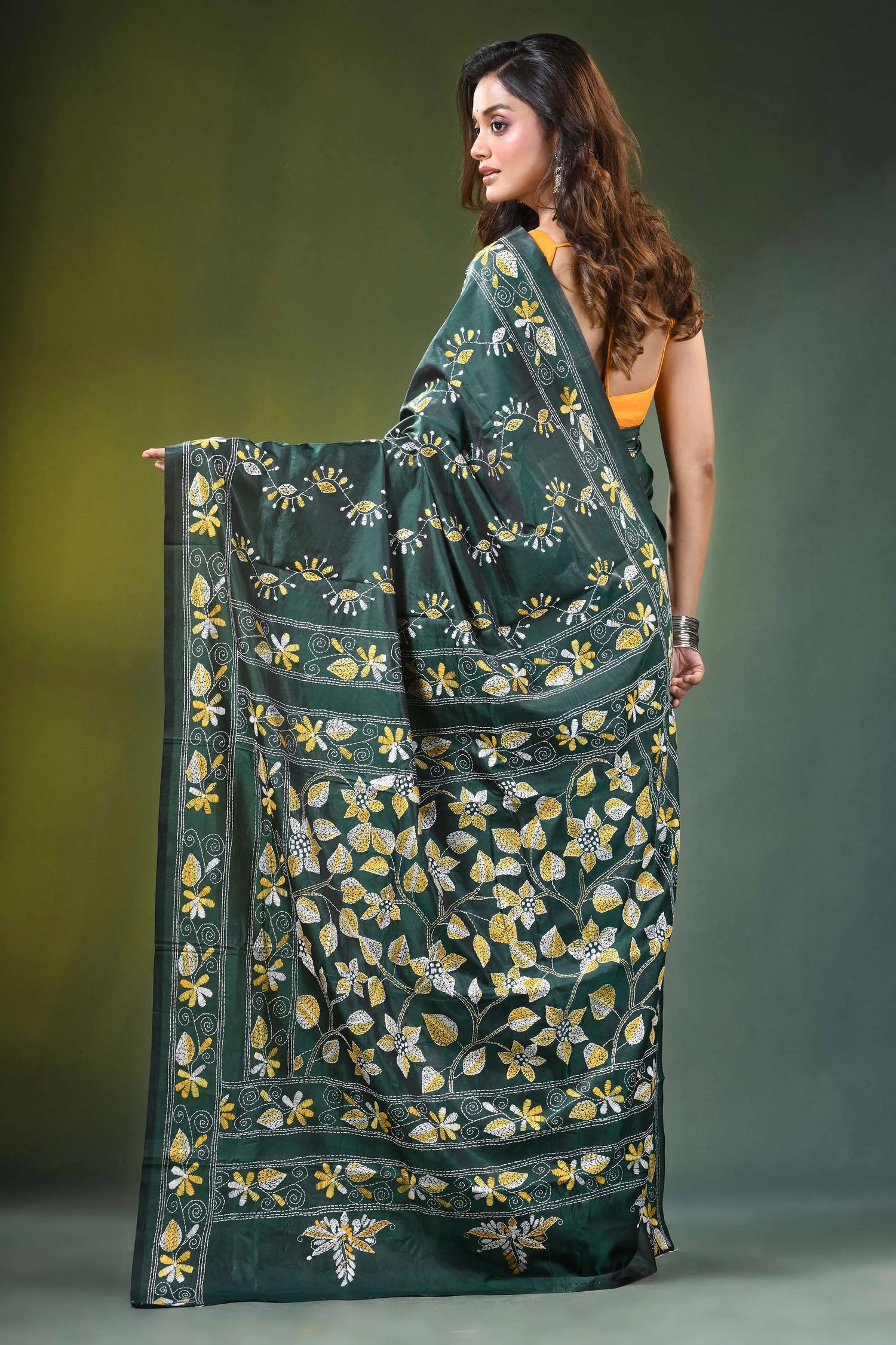 Handcrafted jungle green silk kantha stitch saree with allover floral design dark adorned 5