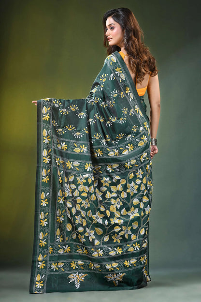 Handcrafted jungle green silk kantha stitch saree with allover floral design dark adorned 5