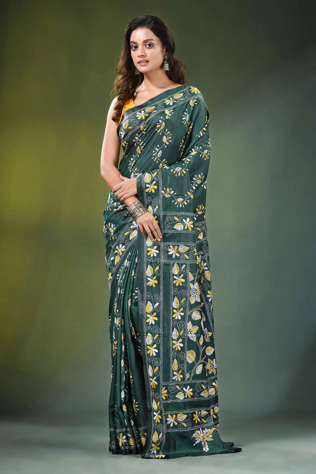 Handcrafted jungle green silk kantha stitch saree with allover floral design dark adorned 1