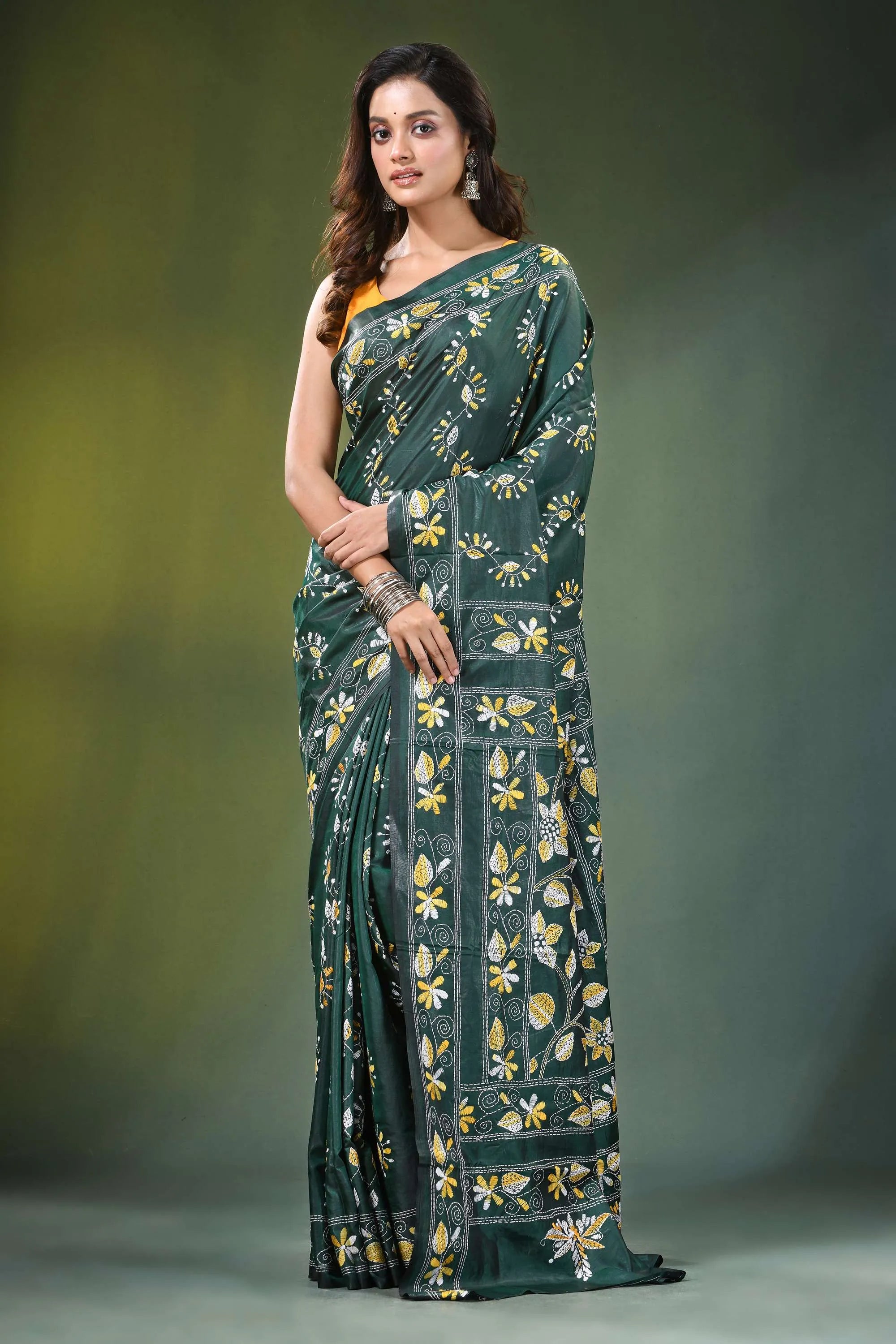 Handcrafted jungle green silk kantha stitch saree with allover floral design dark adorned 1
