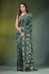 Handcrafted jungle green silk kantha stitch saree with allover floral design dark adorned 1